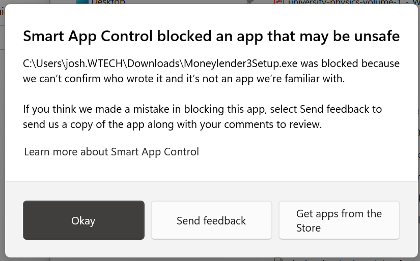 Smart App Control blocked an app that may be unsafe warning